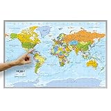 ORBIT Globes & Maps - Weltkarte - Kork Weltkarte auf Pinnwand mit Holzrahmen (silber) 90 x 60 cm, deutsch mit Fähnchen und Pins sowie Befestigung