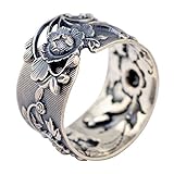 Damen Schwarz Breit 999 Sterling Silber Orientalische Pfingstrose Blume Ring 15mm Verstellbar Größe 58-60
