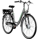 ZÜNDAPP E-Bike 700c Damenrad Pedelec 28 Zoll Z502 E Citybike Hollandrad Fahrrad (grau/grün ohne Korb)