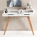 FineBuy Schreibtisch 110 x 85 x 60 cm MDF-Holz skandinavisch weiß matt Arbeitstisch | Design Laptoptisch mit Kabeldurchlass | Bürotisch mit Eiche-Beinen
