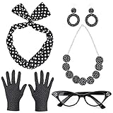 Beelittle 50's Damen Kostüm Accessoires Set Polka Dot Bandana Krawatte Stirnband Ohrringe Halskette Handschuhe Retro Cat Eye Eglasses (Schwarz)