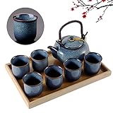 DUJUST japanische Teekanne Porzellan Set, einzigartiges chinesisches Teeservice Set mit 1 Teekanne Keramik, 6 Teetassen und 1 Teetablett, hellblau