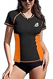 BesserBay Damen Badeshirt Schwimmshirt UPF 50+ Sonnenschutz Kurzarm UV Shirts Schwarz 1/4 Zip Rash Guard XL