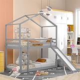 HUMNZR Kinderbett Hausbett, Niedriges Etagenbett mit Rutsche, Massivholz-Etagenbettrahmen mit Lattenrost 90 x 200 cm, weiß