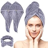 Acksonse Haarturban 3 Stück, Turban Handtuch mit Knopf, Schnelltrocknend Haarhandtuch für Frauen, Mikrofaser Handtuch für Kopf und Lange Haare (Grau)