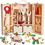 Buyger Holz Werkzeugkoffer Werkzeugkasten Werkzeug Spielzeug für Kinder, Bausteine Holz Spielwerkzeugen Holzspielzeug Geschenk für Jungen Mädchen