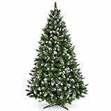 KADAX künstlicher Weihnachtsbaum mit Raureif und Zapfen 220 cm, grün Tannenbaum mit 521 Zweigen, ca.120cm, Kiefer Christbaum aus PVC mit Kunststoffständer (Rentier 220cm)