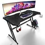 Gaming Desk 120 cm großer Workstation Gaming Tisch Pro Carbon beschichtet mit Getränkehalter & Hedphon-Haken, Schwarz