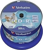 Verbatim CD-R AZO Wide Inkjet Printable 700 MB, 50er Pack Spindel, CD Rohlinge, 52-fache Brenngeschwindigkeit mit langer Lebensdauer, leere CDs bedruckbar, Audio CD Rohling