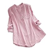 YEBIRAL Damen Bluse Lose Einfarbig Große Größen V-Ausschnit Langarm Leinen Lässige Tops T-Shirt Bluse S-5XL(EU-50/CN-5XL,Rosa)