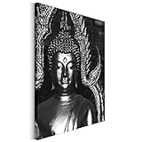 Revolio 60x80 cm Leinwandbild Wandbilder Wohnzimmer Modern Kunstdruck Design Wanddekoration Deko Bild auf Leinwand Bilder 1 Teilig - Buddha Statue Religion schwarz-weiß