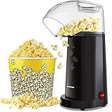 Popcornmaschine Heißluft, 1400W Popcorn Maker ohne Öl für Zuhause, Temperatur- und Sicherungsschutz, 2 Minuten Schnell Produktion, für Zuhause Filme und Weihnachten Partys, Schwarz