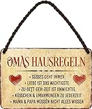 Blechschilder Lustiger Spruch: “Omas HAUSREGELN” Deko Hängeschild Türschild Hauseingang Metallschild Schild Witziges Geschenk zum Geburtstag oder Weihnachten 18x12 cm