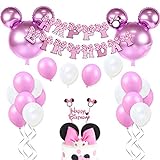 Minnie Themed Geburtstag Dekorationen für Mädchen Rosa Minnie Party Supplies mit Minnie Mouse Kopf Ballons, Happy Birthday Garland und Cake Topper