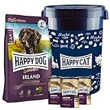 Happy Dog Irland Premium Hundefutter 12,5 kg + Gratis Futtertonne inklusive Deckel sowie 2 x 375 g Dosen Lachs pur. EIN tolles Gefühl seinem Hund was Gutes zu tun.
