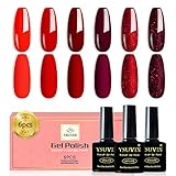 YSUVIN UV Nagellack Rot, 6 Stück Rot Wein Burgunderrot Glitzer Gel Nagellack Set Soak-Off UV Gellack für Frauen Home DIY Nail Art Maniküre Salon, Langlebig, 8ML