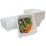ECOPICNIC 300 Stück Eckige Einweg Suppenteller mit Deckel 1200 ml, Weiße Biologisch abbaubare 40 oz Zuckerrohr Schalen mit flacher PET-Deckel, Ökologisch Partygeschirr für Events und Catering