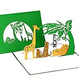 3D Pop Up Karte'Tiere im Zoo' - Geburtstagskarte, Einladungskarte, Gutschein Kindergeburtstag Zoo mit Löwe, Giraffe & Affe