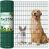 Amagabeli 1M X 25M Gartenzaun Zaun PVC-beschichteter 100 x 50mm 2.1 mm Drahtzaun Maschendraht Wildzaun/Hundezaun Rostfrei Zaunelemente Grünen Maschenweite Drahtgitter Kaninchendraht F