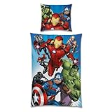 Marvel Avengers Bettwäsche zum Wenden · Comic Style · Set 135x200cm + 80x80cm · 100% Baumwolle mit Reißverschluss Kinder-Bettwäsche,2 Stück, blau