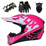 Motocross Helm, Pro Kinder Adult DH Fullface Motorrad Cross Helm Set (Brille Handschuhe Maske) für MTB ATV Roller Downhill Offroad - DOT - mit Fox Design - Persönlichkeit cool - Rosa,S