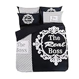 Seine Seite Ihre Seite Bettbezug Set Weiß Schwarz Rot, Ehefrau Ehemann Paar Humorvoll Bettwäsche Set mit Kissenbezug (Boss & Echt Boss, 220x240cm-4 Stück)