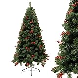 Natürlicher Kiefern-Weihnachtsbaum, künstliche Verschlüsselung, Weihnachtsbaum, Kiefernzapfen, rote Beeren, aufklappbar, einfache Montage, für festliche Dekorationen im Innen- und Außenbereich (7ft)