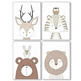Pandawal Bilder Kinderzimmer Babyzimmer Waldtiere Deko grau Poster Set 4er Tiere für Kinder Junge I Mädchen DIN A4 (S7)