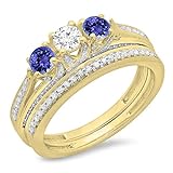 Damen Ring / Ehering 14 Karat Gelbgold Rund Echte Tanzanite & Diamant Damen 3 Stein Verlobungsring Ehering Set