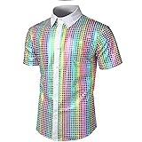 Pailletten Hemd Herren Glitzer T-Shirt Herren Pailletten Knopfleiste Kurzarm Hemd 70er Jahre Disco Party Kostüm Motto Party Hippie Silvester Karneval Fasching Jungen Pailletten Glitzer H