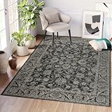 TAPISO Ritz Waschbarer Teppich rutschfest Schwarz Grau Kurzflor Vintage Floral Design Wohnzimmer Schlafzimmer Arbeitszimmer Küche ÖKO-TEX 120 x 170