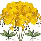 FagusHome 4 Stück künstliche Phalaenopsis Orchideen Blumen Weiß 80CM mit Künstliche Orchidee Blätter 2 Bündeln für Deko (Gelb)