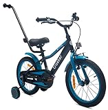 sun baby Kinderfahrrad Jungen Fahrrad Stützräder mit Abnehmbarer Schubstange 12 14 16 Zoll ab 2-6 Jahre BMX Kinder Fahrrad (Blau, 16 Zoll)