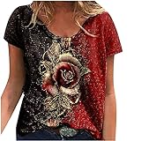 Masrin Frauen T-Shirt Mode Gold Rose Bedruckte Tops Kontrastfarbe Tunika Sommer V-Ausschnitt Kurzarm Pullover Lose Bluse(XL,Rot)