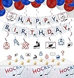 PIXHOTUL Hockey-Geburtstagsparty-Zubehör, Happy Birthday-Banner mit Eishockey-Thema, Hängende Wirbel, Tischdecke, Tortenaufsätze, Luftballons für Kinder, Hockey-Fans, Geburtstagsparty-Dekorationen