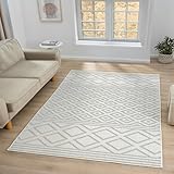 VIMODA Teppich Boho Hochflor Wohnzimmer, Schlafzimmer, Modern Skandinavisch, Waschbarer Teppich 3D, Farbe:Creme, Maße:80x150