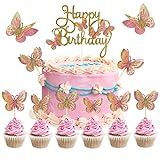 31 Stück Tortendeko Mädchen Schmetterling Cake Topper, Geburtstag Gold Rosa Schmetterling Kuchen Topper, Happy Birthday Torten Stecker für Mädchen Geburtstag Hochzeit Party