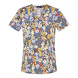 Kurzärmliges Damen-Top mit V-Ausschnitt, Cartoon-Print, Arbeits-T-Shirts, Bluse mit Taschen Shirt Dreiviertelarm (M,Himmelblau)