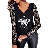 GFGHH Trendige Oberteile für Damen Strass Herzmuster Printing Shirts Sommer Herbst Schulterfreies Sweatshirt Schmale Tunika mit V Ausschnitt Spitze Patchwork Langarmbluse Elegant Mesh-Oberteile