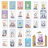 BIROYAL 27er Set Geburtstagskarten hochwertig mit heller Aquarell Tier Design - Glückwunschkarte für kinder- Geburtstagskarten set mit Umschlag - Grußkarte Geburtstag - Happy Birthday
