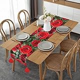 Bezaubernder Tischläufer aus Leinen mit roten Rosen – perfekt, um Ihre Essästhetik zu verbessern