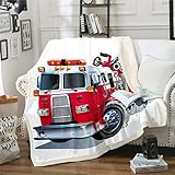 Loussiesd Jungen Feuerwehrauto Kuscheldecke 130x150cm Rotes Feuerwehrauto Muster Wohndecke für Bettwagen Fahrzeugdruck Flanell Fleecedecke Atmungsaktiver Feuerw