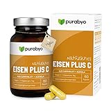 Pflanzliches Eisen aus Curryblatt mit 40 mg natürlichem Vitamin C aus Acerola | im Glas | Eisen mit 100% NRV | Vegan | Nur 1 Kapsel täglich | 2-Monatsversorgung