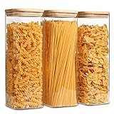 ComSaf Vorratsdosen aus Glas, für Spaghetti-Pasta, mit Deckel, 2,0 l, 3 Stück, hohe, transparente, luftdichte Vorratsdose mit Bambus-Deckel für Nudeln, Mehl, Müsli, Zucker, Bohnen