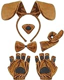 5-teiliges Welpen-Hundekostüm-Set enthält Hundeohren Stirnband Fliege gefälschte Nasenschwanz Welpen Pfotenhandschuhe Tierkostüm Zubehör für Halloween Cosplay Party (hellbraun)