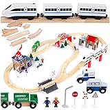Kinderplay Holzeisenbahn Set - Elektrische Eisenbahn für Kinder, Elektrisch Spielzeug Zug, Polizeistation, Autobahn Kinder und Bahnset mit Brücke, 80 Teilen, Modell GS0010
