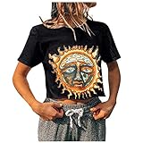 T Shirts Damen V Ausschnitt Vintage-T-Shirt und Ausschnitt Mode Frauen Mond rund Top Sonnendruck tauchen Damenbluse Trachten Gehrock Damen (Black, XL)
