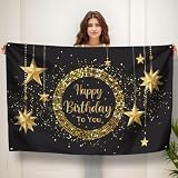 Koliphy Happy Birthday Banner, Geburtstag Deko Banner, Geburtstagsdeko für Männer Frauen, Handgehalten Stoff Geburtstagsbanner Dekoration für Drinnen und Draußen(Schwarz Gold)