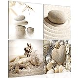 Bilder Strand Steine 4 Teilig Bild auf Vlies Leinwand Deko Wohnzimmer 60 x 60 cm Feng Shui Beige 501644a