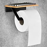 Toilettenpapierhalter ohne Bohren mit Ablage | Klopapierhalter Schwarz mit Holzplatte | Klorollenhalter zum Kleben in edlem Design inkl. kostenlosem E-Book